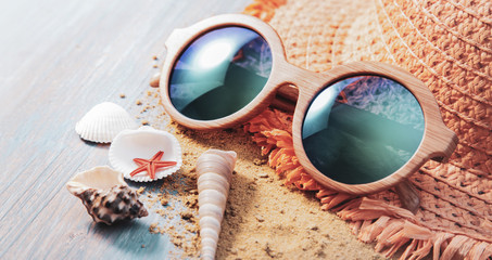 beach accessories glasses hat cockleshells