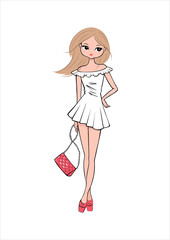 Hand drawn beautiful cute cartoon girl isolated on white background. Romantic blonde in white dress. Vector illustration.