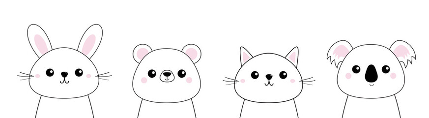 Bear, rabbit, hare, grizzly, koala, cat kitten head face set line. Doodle linear sketch. Pink cheeks. Cute cartoon character. Pet animal collection. T-shirt design. Baby background Flat design.