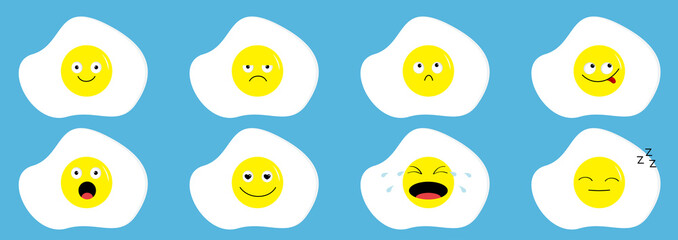 Fried egg icon emoji set line. Funny kawaii cartoon characters. Emotion collection. Happy, surprised, smiling crying sad angry face head. Food breakfast Flat design Blue background