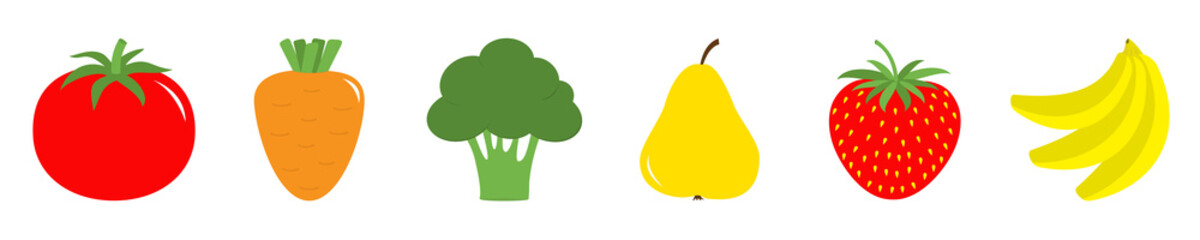 Fruit berry vegetable icon set line. Tomato, carrot broccoli. Pear strawberry banana. Cute cartoon kawaii decoration element. Flat design. White background.