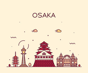 Naklejka premium Osaka panoramę Japonii modne miasto wektor liniowy