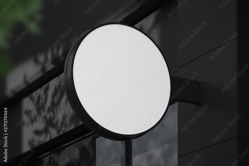 Poster empty white circle, shop signboard layout. lightbox attached to the wall on the street. mock up. 3d 