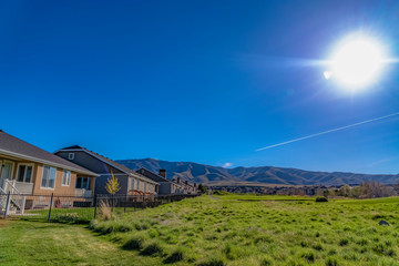 Houses on a lush grassy field under the blazing sun and vivid blue sky
