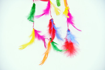 COLORFUL FEATHER ISOLATED. Pattern with hand made feathers. Feather isolated on white background