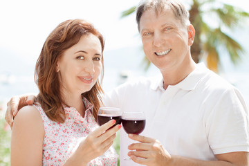 Young happy couple on vacation in the Maldives, happy people on vacation in the tropics