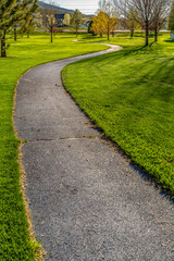 Obraz premium Close up of a pathway that leads to the road in front of houses in distance