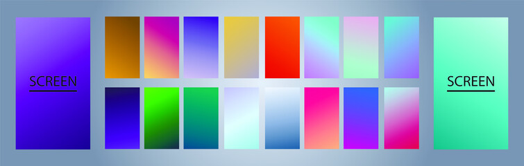 Vector EPS 10 Gradient Set. Different colors. Modern Smartphone screen, mobile app Template. Design for Wallpaper, background, banner, flyer, Social media post. 