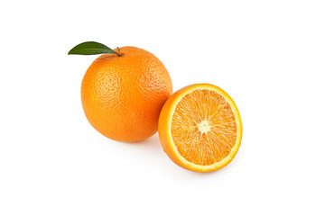 Orange fruit with leaf and half of orange isolated on white background with clipping path. Perfectly retouched. ready-to-use food images. Pack shoot
