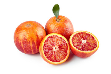 package design element. Red sicilian orange with half isolated on white background with clipping path. Perfectly retouched. ready-to-use food images. Pack shoot. Red blood orange
