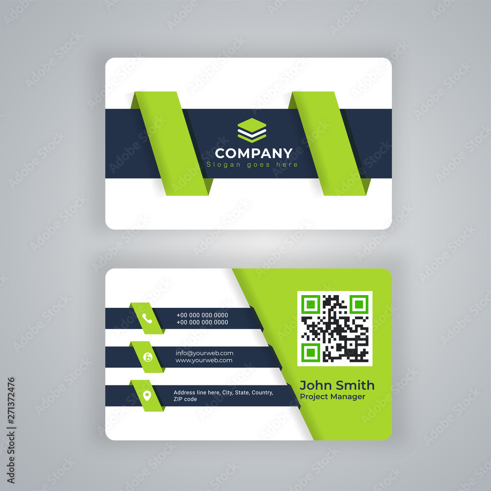 Poster front and back view of black and green business card with abstract design.