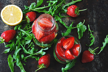 Summer refreshing detox drink strawberry lemon arugula. Drink, cleansing the body. Keto drinks. Keto diet.