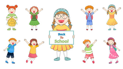 Obraz na płótnie Canvas Set of happy kids cartoon on white background for Back to School Poster or banner design