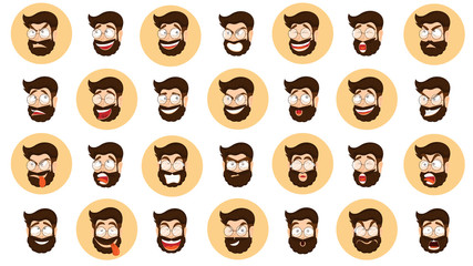 Different expression set with bearded man cartoon face on white background.