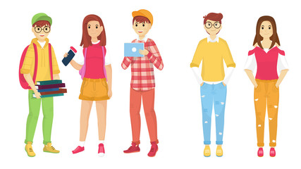 Young cartoon character of students in standing pose. Can be used for Back to School designs.