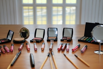 beauty cosmetic makeup essentials on stylish artist table