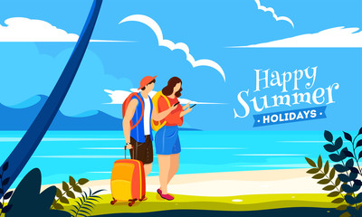 Happy Summer Holiday poster or banner design with illustration of tourist man and woman standing on beach background.