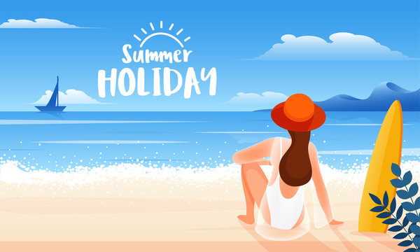 Back view of young woman sitting on beach background for Happy Summer Holiday poster or banner design.