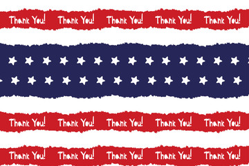 Festive Thank you poster in national colors USA red white blue. Strips and stars, fireworks Great idea for decorating the holiday on July 4th, Independence memory Days, barbecue party