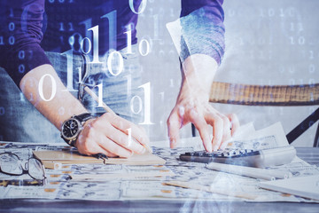 Man hands with data theme double exposure icons.