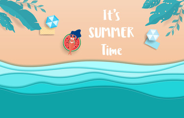 Naklejka premium Top view blue sea paper waves and beach . Hot girl on rubber ring sunbathe in summer season.