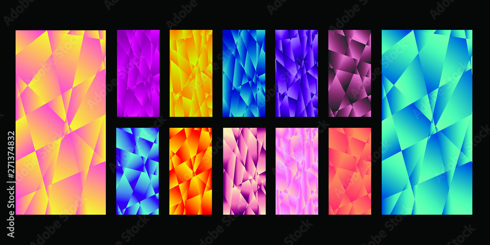 Poster set of colorful low poly vector pattern gradient set. modern smartphone screen, mobile app template.