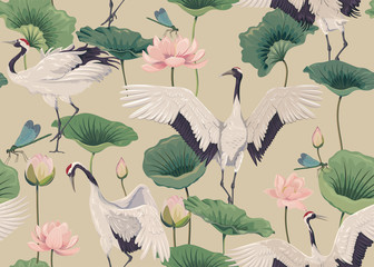 Seamless pattern with japanese cranes and lotus flowers - obrazy, fototapety, plakaty