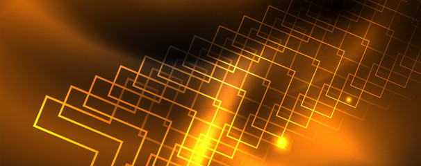 Shiny neon techno template. Neon lines background, 80s style laser rays