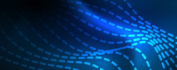 Smooth wave lines on blue neon color light background. Glowing abstract wave on dark, shiny motion, magic space light