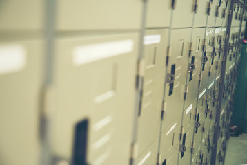 Row of Steel Cabinet Document to put document and valuable inside. Steel modern keeping paperwork. Blurred background and selective focus.