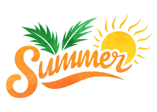 Summer logo. Brush lettering composition. Isolated Watercolor on white background. Summer typography. Vector illustration. for print, icon design, web, home decor, fashion, surface, graphic design