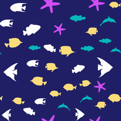 Underwater scene. Colorful fish groups in clean sea water. Seamless vector EPS 10 pattern.
