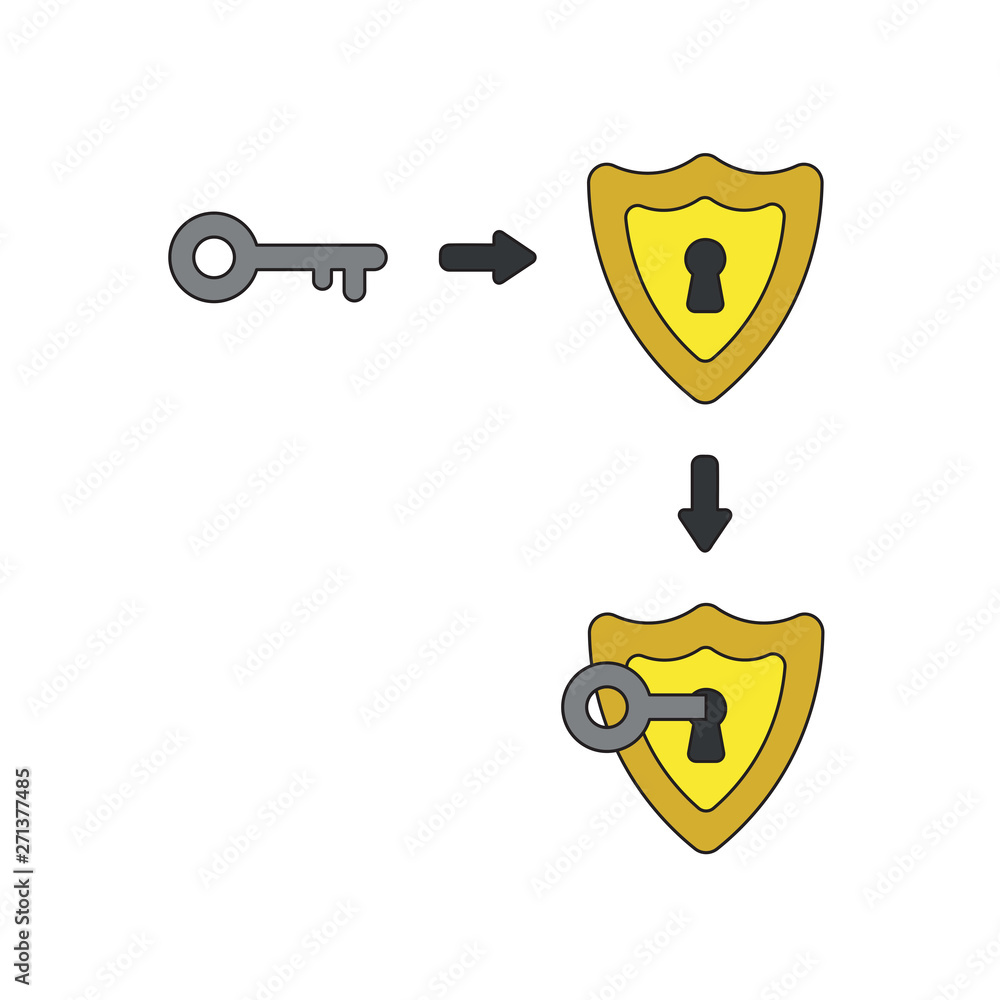Poster vector icon concept of shield with key into keyhole.