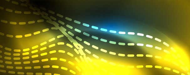 Obraz premium Smooth wave lines on blue neon color light background. Glowing abstract wave on dark, shiny motion, magic space light