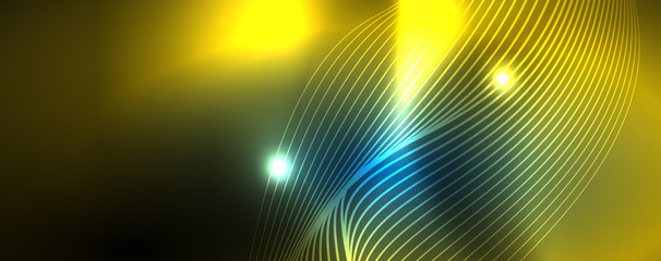 Smooth wave lines on blue neon color light background. Glowing abstract wave on dark, shiny motion, magic space light
