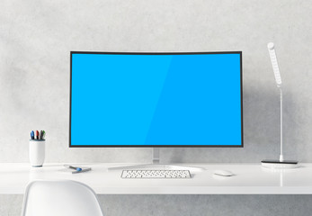 Curved monitor on white desktop concrete interior mockup 3D rendering