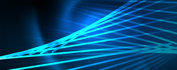 Neon blue glowing lines, magic energy space light concept, abstract background wallpaper design
