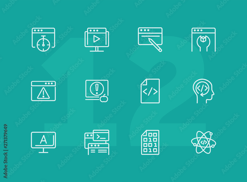 Poster backend developing line icon set. set of line icons on white background. technology concept. program