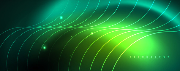 Shiny neon lines template - northern lights glowing blur lines. Futuristic style glow neon 80s disco club or night party techno template