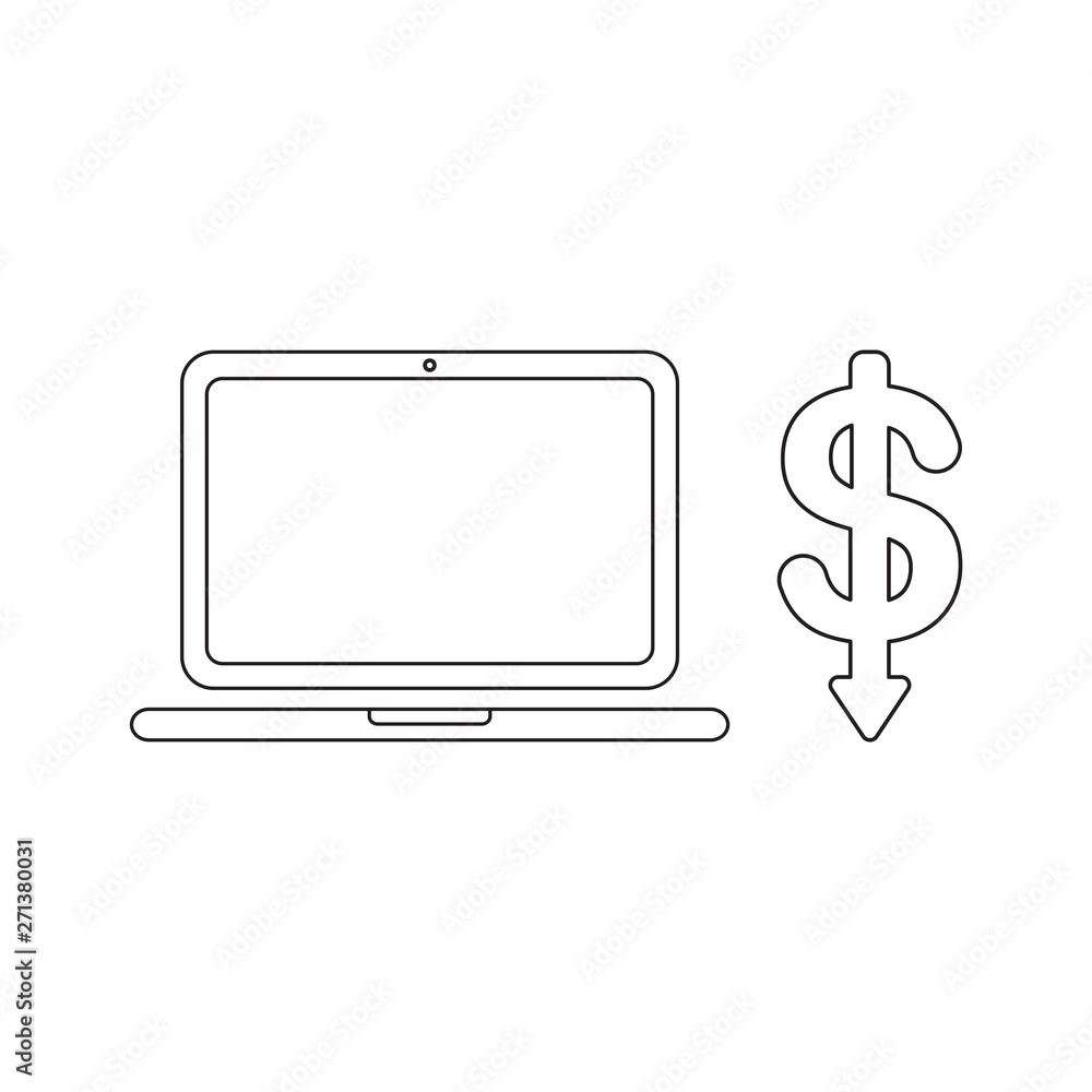 Poster vector icon concept of laptop computer with dollar symbol arrow down.