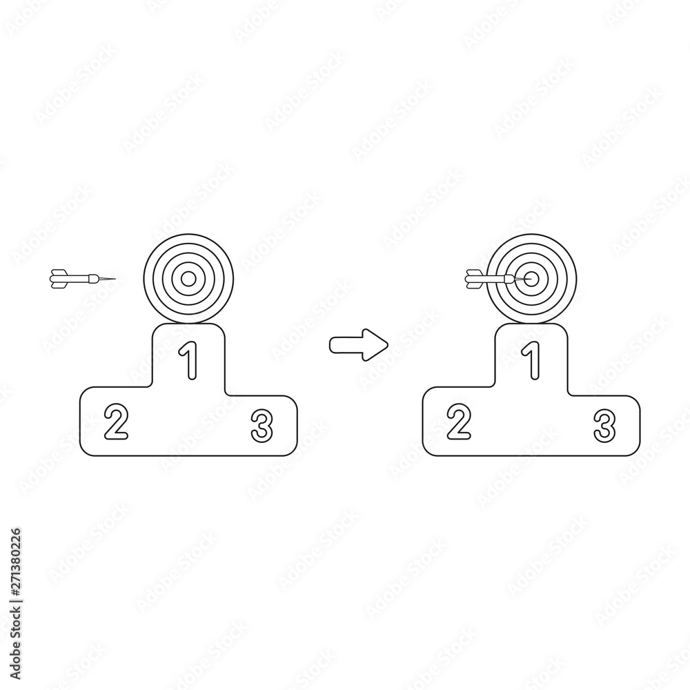 Poster vector icon concept of bulls eye with dart in the center on first place of podium.