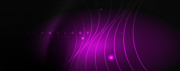 Fototapeta premium Dark abstract background with bright color neon lights and lines. Glowing background