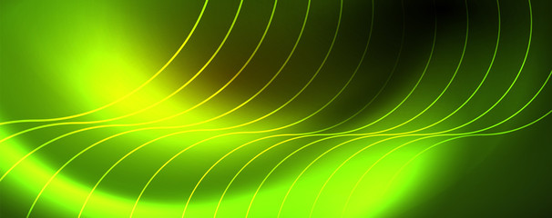 Bright neon circles and wave lines, glowing shiny background design template, digital techno concept.