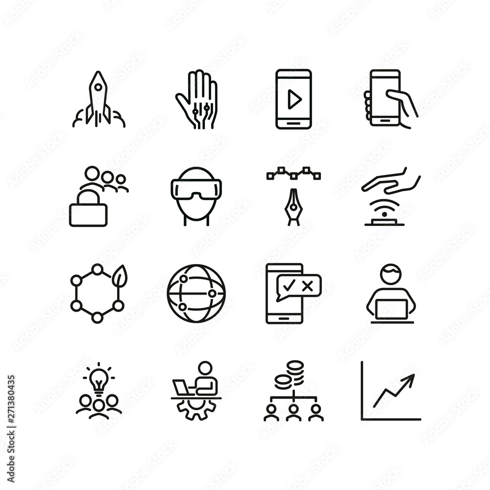 Poster it startup line icon set. rocket, idea, digital device, networking. information technology concept. 
