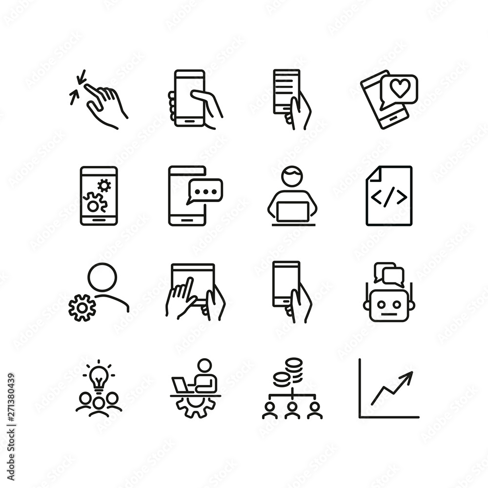 Poster mobile development line icon set. mobile phone, using digital tablet, technician. information techno