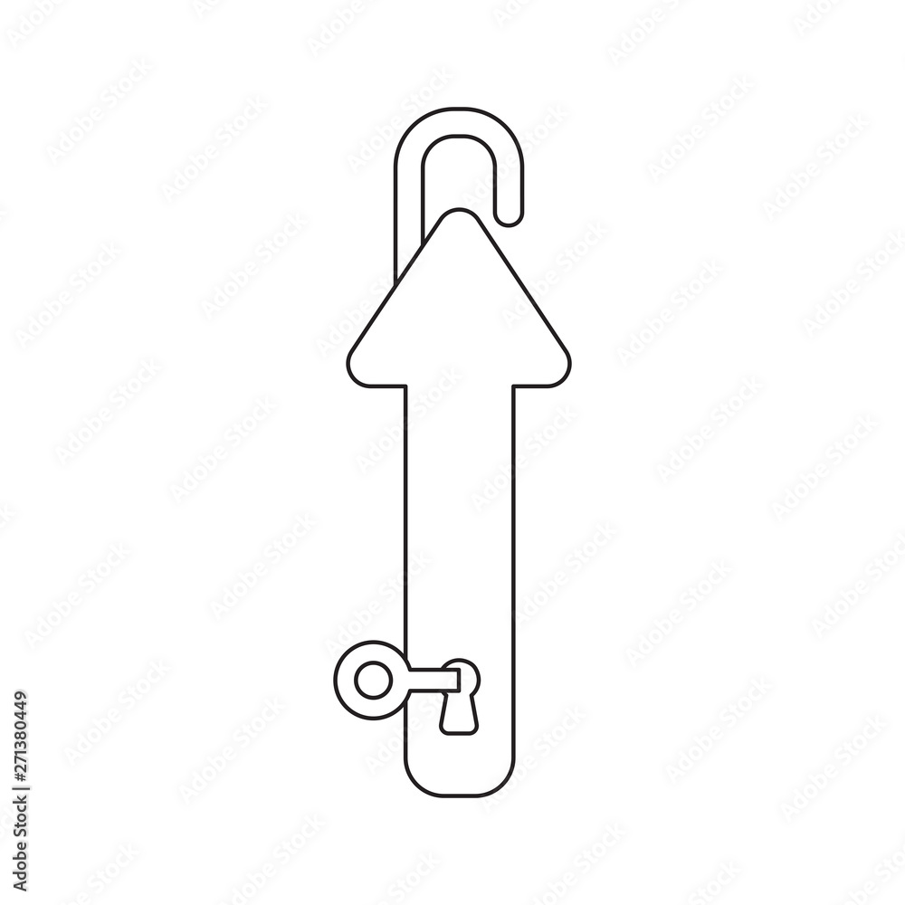 Poster vector icon concept of key into keyhole and arrow padlock opened and up.
