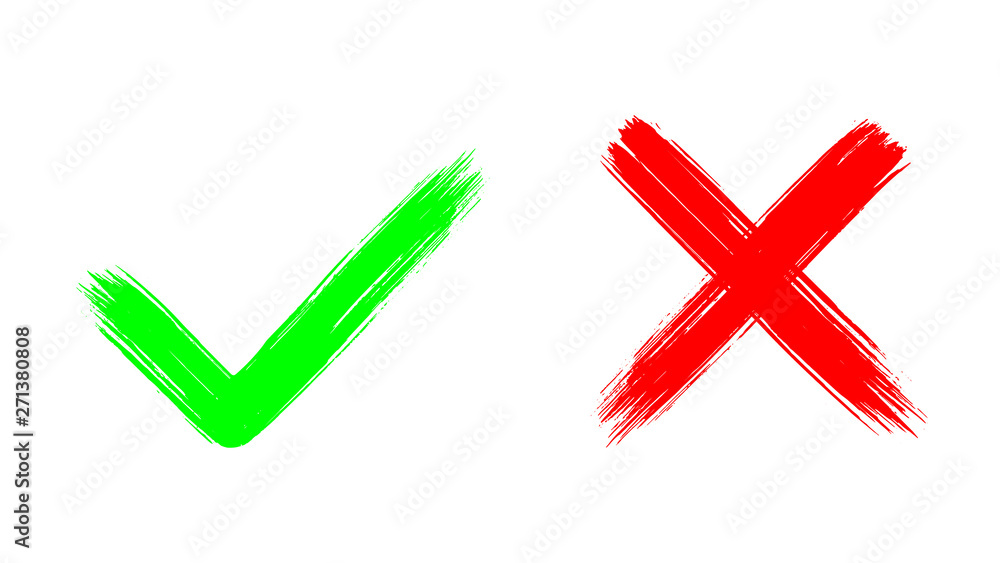 Poster two dirty grunge hand drawn with brush strokes cross x and tick ok check marks vector illustration i