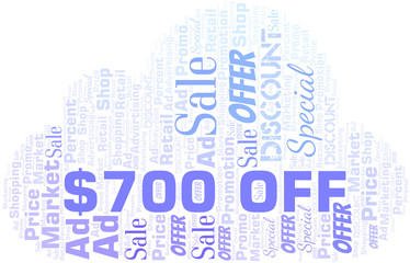 Obraz premium $700 Off word cloud. Wordcloud made with text only.