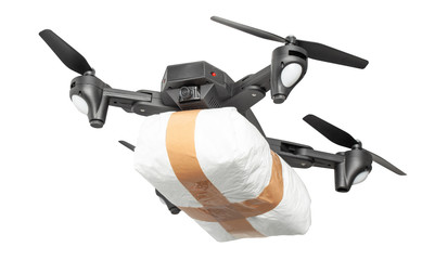 Flying drone to smuggle with drugs. Isolated on white background