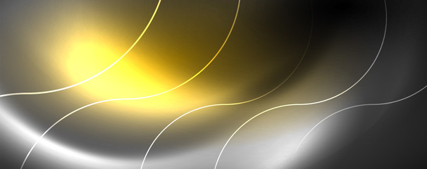 Shiny neon lights, dark abstract background with blurred magic neon light curved lines